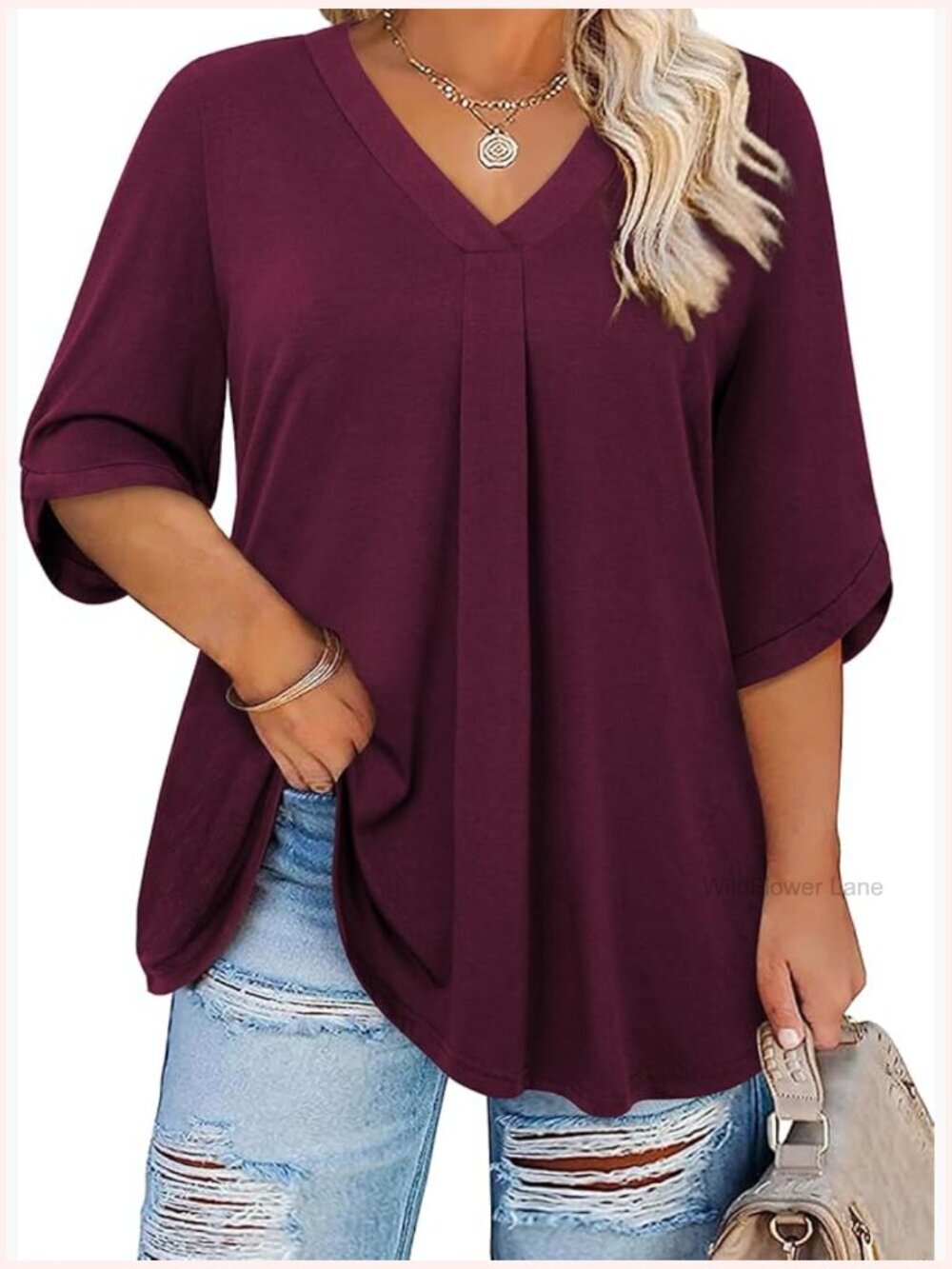 Plus Size 3/4 Sleeve V Neck Tunic Top Loose Fit Bell Sleeve Blouse